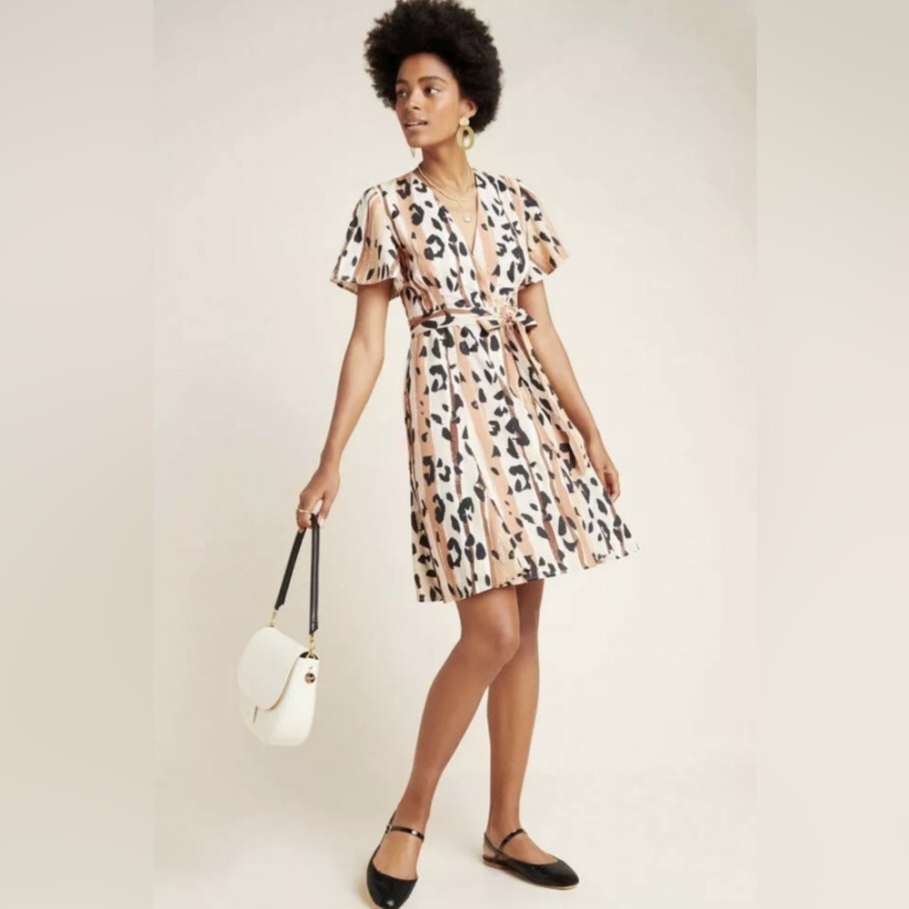 HUTCH Anthropologie Blaise Wrap Mini Dress Brown Motif Striped Leopard Plus 1X